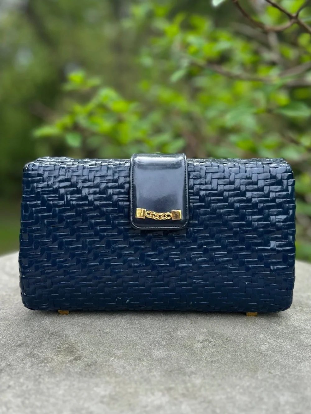 Navy Handbag, Vintage Koret Wicker Clutch, Great for Rush or Game Day